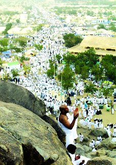 Pilgrims arriving on top of Al-Rahmah Mountain in Arafat